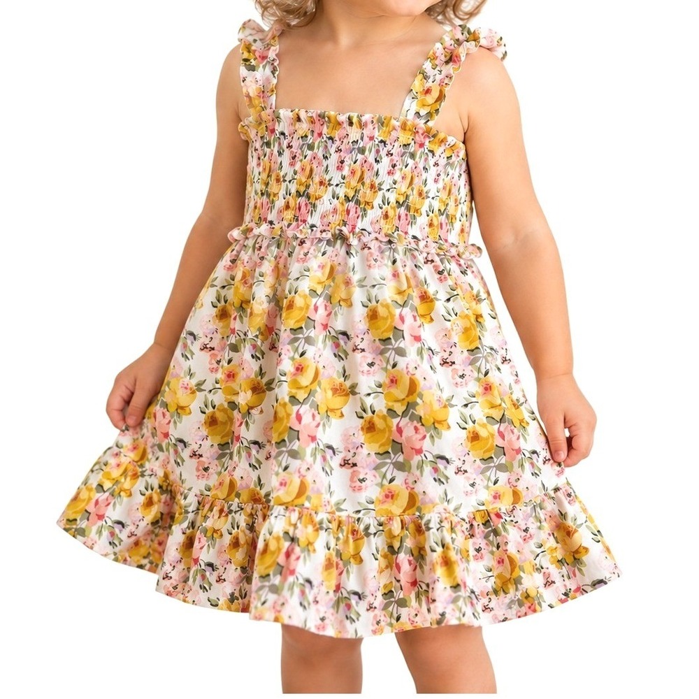 Janie and Jack Girls Floral Smocked Dress Yellow Pink White Ruffle Toddler